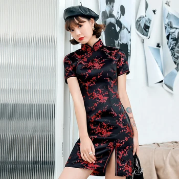 Prabangus Satino Kinijos Moterų Suknelė Seksualus Slim Mini Qipao Derliaus Classic Plus Size Cheongsam Kinų Tradicinė Gėlių Vestidos