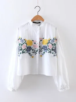 Prekės ženklo Dizainas 2017 moterų elegantiškas gėlių siuvinėjimas, marškinėliai palaidinė prekės mažas stovėti apykaklės prarasti viršūnes derliaus mygtuką blusas LS1020