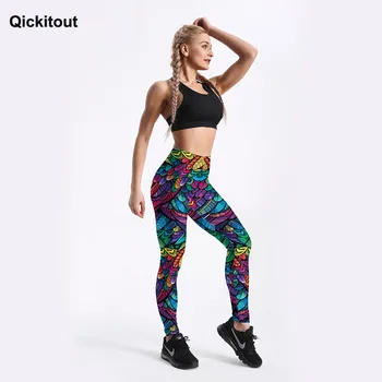 Qickitout Vasaros Naują Arriaval Spalvos Plunksnos 3D Atspausdintas Moterų Sexy Fitneso Activewear Elastinga Vidurio Juosmens Kelnės Lašas Laivybos