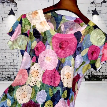 Saldainiai spalvos gėlių spausdinti marškinėliai moterims 4XL 2020 metų vasaros trumpos rankovės grafinis tees slim modis marškinėlius, o-kaklo viršūnes tee marškinėliai femme