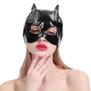 Sexy juoda catwoman kaukė cosplay prop šlapias atrodo, PU oda pusę veido kaukė kapoto atidaryti akis suaugusiųjų sekso žaidimai vergas erotika kaukė