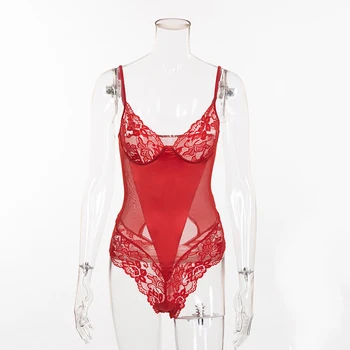 Sexy Raudona Bodysuit nėrinių bodysuit gilia V Backless moterų šilko Bodysuit Bodycon kūno kūno mujer elegante Romper Įstaigų Ponios 2018