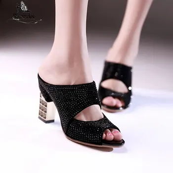 Sgesvier 2020 naujas mados moterų mulų batai storio aukšti kulniukai peep toe ponios batai pu oda vasaros moterų sandalai juoda skiedra
