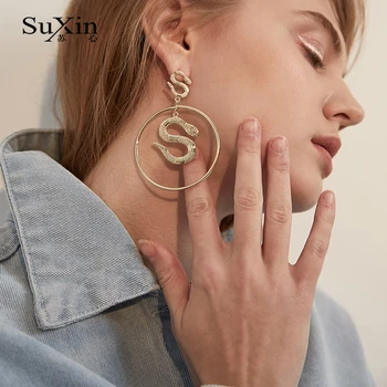 SuXin auskarai 2020 naujas paprastas retro gyvatės formos apvalus auskarai moterims, ilgai lydinio pakabukas auskarai papuošalai dovana
