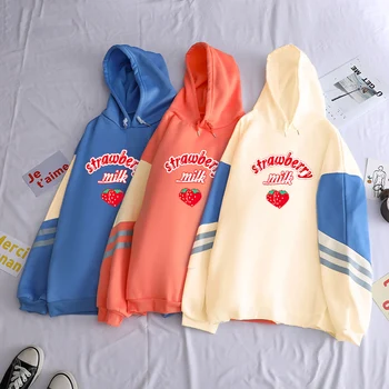 Trijų spalvų hoodie kontrastas bliuzono kawaii braškių pieno spausdinti Prarasti Moterų Hoodies Karšto Harajuku Kontrasto Spalvų Moteriška Palaidinukė