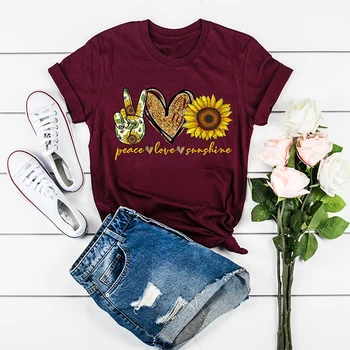 Umeko 2020 metų Vasaros Moterų Mados Trumpas Rankovės O-Kaklo T-shirt Taikos, Meilės, Saulėtų Saulėgrąžų Išspausdintas Viršų Atsitiktinis Marškinėlius Plius Dydis