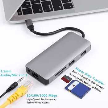 USB C Hub 9 1 C Tipas SD/TF Kortelių Skaitytuvą, VGA, RJ45 3.5 mm audio USB 3.0 HUB Adapteris, skirtas MacBook Air Pro 