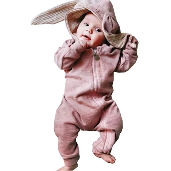 Vaikai drabužių vientisas romper ilgai-nulėpausį triušį animacinių filmų dizaino kūdikiams su gobtuvu, užtrauktukas Karšto pardavimo 0-2 metų amžiaus Beibei kokybės drabužiai