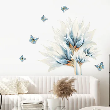Vandens spalva mėlynas drugelis, gėlė Sienos lipdukas, Gyvenamasis kambarys sofos fone namų puošybai freskos miegamojo tapetai PVC lipdukai
