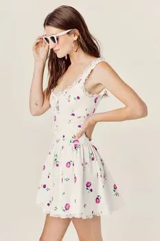 Vasaros suknelė moterims saldus nėrinių apdaila gėlių spausdinti mini suknelė seksualus backless rankovių-line šalis suknelės trumpas vestidos