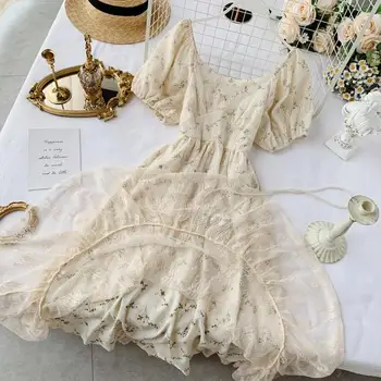2019 naujas mados moterų suknelės prancūzijos elegancija senovinių nėrinių aukšto juosmens lieknėjimo gėlių suknelė
