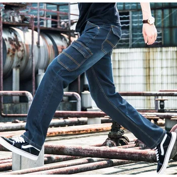 2019 Naujas tiesūs džinsai, vyriški ilgio džinsai lauko atsitiktinis darbo drabužiai vyrams Krovinių Kelnės Juoda Mėlyna Plius dydis 28-46 48