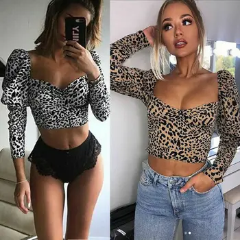 2020 Moterų Mados Seksuali Palaidinė Ir Viršūnių Pavasario Vasaros Leopardas Spausdinti Seksualus U-Kaklo, ilgomis Rankovėmis Viršūnes Palaidinė Derliaus Moterų Marškinėliai