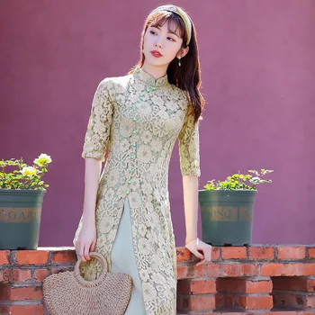 2020 Tradicinis Vietnamo Aodai Kinų Suknelė Qipao Moterų Nėriniai Išsiuvinėti Cheongsam Tunika Stiliaus Kostiumas Gėlių Aodai Qipao