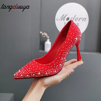 2021 kristalų siurbliai moterų batai point seksualus aukštakulniai vestuviniai bateliai nuotaka raudona Bauda kulno aukštakulniai moteriški bateliai Pokylių batai