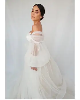2021 Vestuvių Suknelė Off Shouler Ilgio Sluoksniuotos Rankovėmis Vestuvinės Suknelės Tiulio Aukštos Kokybės Moterų, Nuotakų Žavinga Paprasta Grindų Ilgis