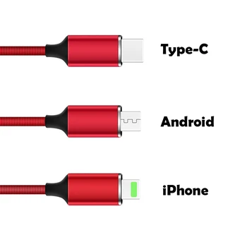 3 in 1 Greito Įkrovimo Kabelis Nailono Tinklelio Kelis USB Laidas su C Tipo/ nuo Žaibo/Micro-USB 
