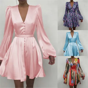 A-Line Moterų V-Kaklo Pavasario Plisuotos Suknelės Ponios Rožinės spalvos Elegantiškas Single-Breasted Mini Suknelė moterims 2020 Žibintų Rankovės Satin