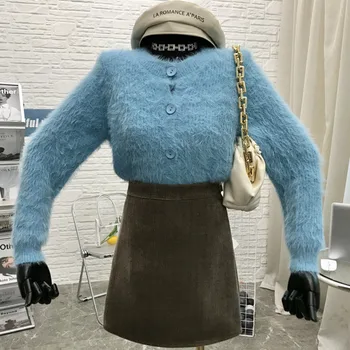Apkarpytos Cardigan Megztinis V-Kaklo Audinių Kašmyro Megztinis Moterims, Negabaritinių Kalėdų Džemperis Fuzzy Susagstomi Megztiniai 2020 Korėjos Žiemos Traukti