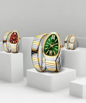 Aukso moterų kvarciniai laikrodžiai, nerūdijančio plieno, ketaus tinklelio diržo žiūrėti patvarus laikrodis gyvatė kalnų krištolas kristalų laikrodis
