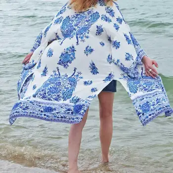 BOHO ĮKVĖPĖ Phoenix Gėlių spausdinti Ilgio Kimono palaidinė plyšio pusių Megztinis moterims vasaros viršūnes Maxi Paplūdimio blusas čigonų chic