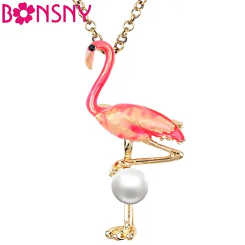 Bonsny Emalio Lydinio Pearl Flamingo Paukščių Karoliai Grandinės Choker Lydinio Pakabukas Naujovė Papuošalai Moterys, Merginos, Ponios Priedai
