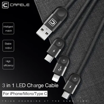 Cafele 3 in 1 USB Kabelis iPhone, Micro USB C Tipo Kabelis, LED Apšvietimas Greito Įkrovimo Laidą 