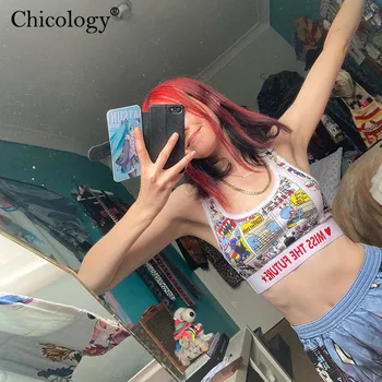 Chicology spausdinti streetwear pasėlių bako viršuje moterų berankovis 2020 m. vasarą, rudenį seksualus punk trumpas drabužius klubas y2k mados
