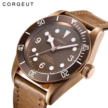 Corgeut 41mm Miyota 8215 Automatinė Vyro Mechaninis laikrodis atsparus Vandeniui Šviesos Rinkimo Žalvaris/Juodos Viršų Žiūrėti Oda