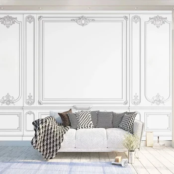 Custom 3D Sienų Freskomis Tapetai Baltas Tinkas Linija Europos Stiliaus Gyvenamasis Kambarys su Sofa-lova, TV Foną, Foto Tapetai Namų Dekoro 3D