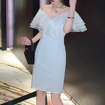Dressv Falbala Kokteilių Suknelės Moterims 2020 Balta Pynimas Akių Kratinys Elegantiškas, Seksualus V-Kaklo, Mini Saldus Kokteilis Suknelė