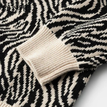 DUSHU Zebras spausdinti dryžuotas trumpas kniited megztinis Moterims, elegantiškas v kaklo juoda negabaritinių megztinis Žiemą moterų megztinis plius dydis