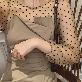 Elegantiškas Dot Suknelė Moterims Biuro Panele Seksuali Kratinys Derliaus Midi Suknelė Atsitiktinis ilgomis Rankovėmis One-piece Suknelė korėjos 2020 m. Rudenį Chic