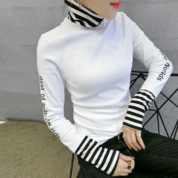 Europos Mados Kratinys Dryžuotas Storio Broshed Marškinėlius 2019 M. Rudenį, Žiemą Long Sleeve Top Drabužius Camiseta Mujer Marškinėliai T97311