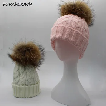 FURANDOWN 2019 Žiemos Moterų Skrybėlės Vilnos Megzti Beanie Kepurės 18cm Didelis Pompom Kepurės Moterims