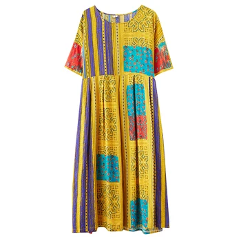 Geltona medvilnės skalbiniai plius dydis derliaus gėlių moterų atsitiktinis palaidų ilgas vasaros suknelė elegantiškas drabužius 2021 ponios suknelės sundress
