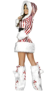 Geros Kokybės Kalėdų Hoodies Suknelė Baltos, Raudonos Juostelės Stiliaus Sexy Hot Karnavalas Šalies Rodyti Kostiumas Moterims Slim Cosplay Suaugusiems