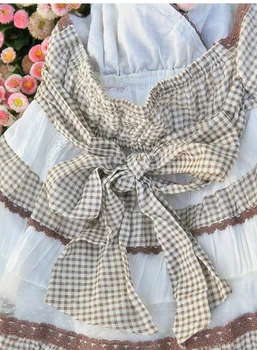 Japonija Saldus Lolita nėrinių pledas koliažas su kontrastingos spalvos ir paaukštintu liemeniu iškirpte suknelė