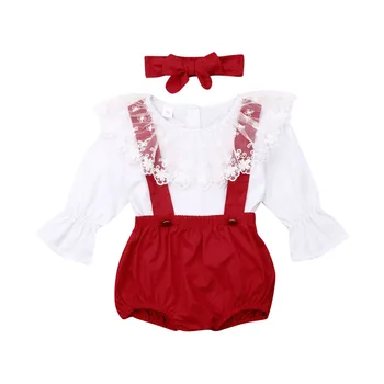 Kalėdų Baby Girl Drabužiai Nėrinių Pynimas Skristi Sleeve Top Marškinėliai Raudonos Kelnės, kombinezonai su Antkrūtiniais Lankelis Komplektus Kūdikių Drabužiai Nustatytas 0-24M