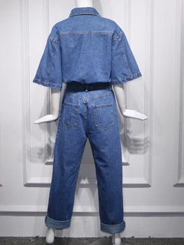 K&L Kylen 2020 m. vasarą naujas mados vientisas džinsai laisvi ir plonas laisvalaikio moteriški darbo drabužiai trumpas rankovės jumpsuit kaubojus kelnės