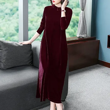 Kinų stiliaus stovėti apykaklės, Elegantiškas Maxi Suknelė plius dydis Pavasarį Autunm veliūras suknelė M - 8XL didelio dydžio, Žiemos aksomo suknelė Vestidos