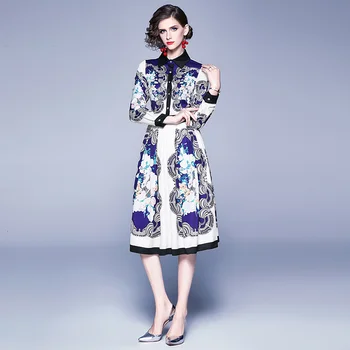 Kokybės Kilimo Ir Tūpimo Tako Suknelė Dizaineris Naujausias 2019 M. Rudens Derliaus Barocque Banga Spausdinti Gėlių Ilgomis Rankovėmis Moterys Šalis Marškinėliai Suknelė Elegantiškas