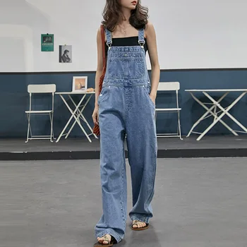 Korėjos Japonija stiliaus tiesus palaidi platus skyriuje džinsinis kombinezonas mokyklos Hip-Hop Streetwear atsitiktinis mielas, lieknas moteris, platus kojos kelnės