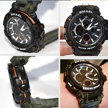 LED Kvarciniai Laikrodžiai Prabanga SMAEL Kietas Vyrų Watch Big Laikrodžiai, Skaitmeninis Laikrodis, Karinės Armijos 1708Waterproof Sporto Laikrodžiai Vyrams