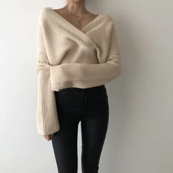 Mados moterų megztinis 2020 m. rudens ir žiemos naujas prarasti V-kaklo retro temperamentas švelnus smart rūkyti megztinis