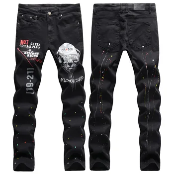 Mados Streetwear Stilingas Ruožas Jeans Mens Ranka-dažytos Splash Rašalo 3D Skaitmeninis Atspausdintas Mažylis Galvos Džinsai Vyrams, Džinsai Slim Kelnės