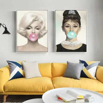 Marilyn Monroe ir Audrey Hepburn Popping, kramtomosios Gumos, Pučia Burbulus, Dekoratyvinis Dažymas Nostalgišką Retro Paveikslai Tapyba Paryžiuje