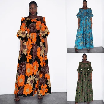 MD Vakarienę Rūbeliai 2021 Off Peties Ilgio Suknelės Moterims Afrikos Vaškas Spaudinių Dashiki Europos Drabužių Lady Kostiumas Apranga