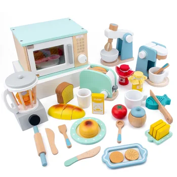 Mediniai Virtuvės Žaislai Apsimesti Žaisti Vaikams Interaktyvus Ankstyvo Mokymosi Žaislas Virtuvės Elementų Rinkinys, Kavos Aparatas, Sulčiaspaudė Žaislai Vaikams
