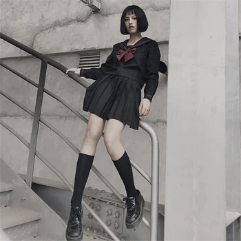 Merginos Japonijos mokyklinę Uniformą Pagrindinio Klostuotas Sijonas JK Vienodas Juoda Jūrininkas Kostiumai Harajuku Marškinėliai Išsiuvinėti Viršuje Atsitiktinis Streetwear